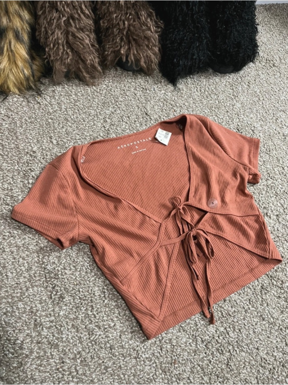 Rust Tie-Front Ribbed Crop Top